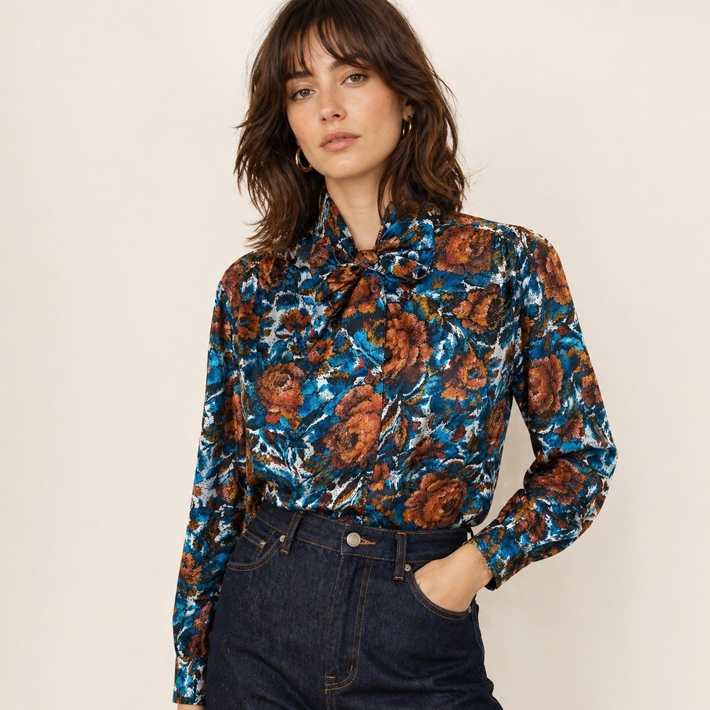 Vintage Pykettes Tie Neck Blouse L 14 Bow Floral Burnt Orange Blue 70s 80s Boho